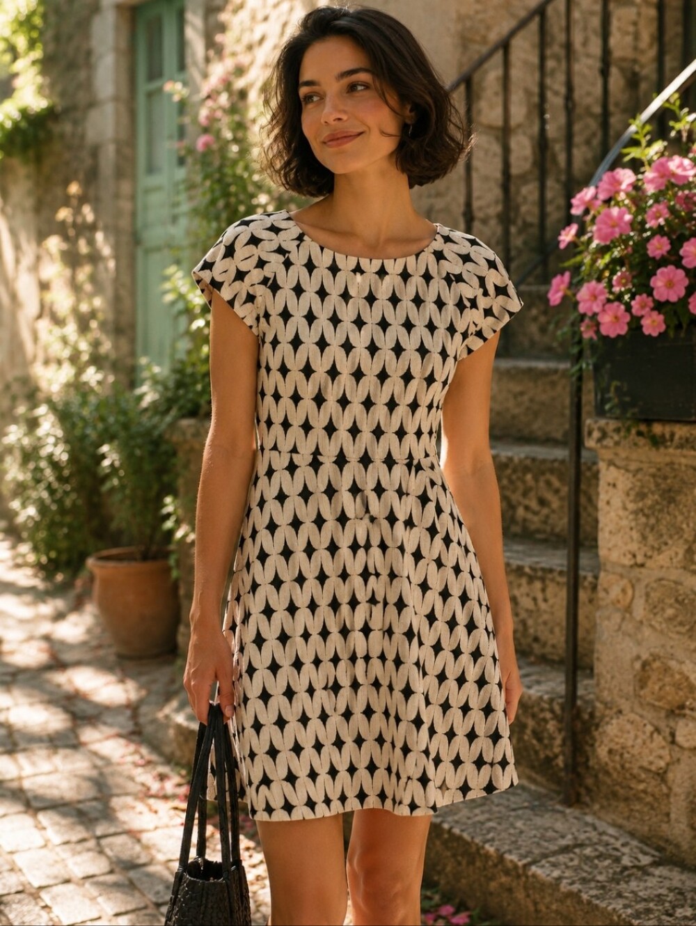 Renee C Dress M Textured Knit Geometric Neutral Fit Flare Made In USA Boutique